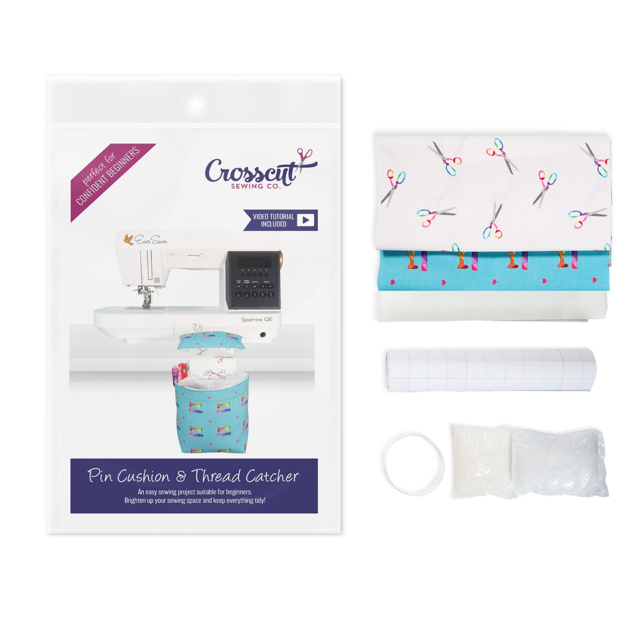 Crosscut Sewing Co.® Pin Cushion & Thread Catcher Sewing Project Kit for Beginners with Fabric, Instructions and Video